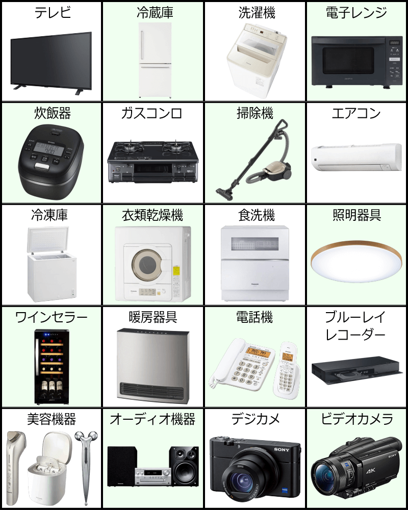 取り扱い家電一例